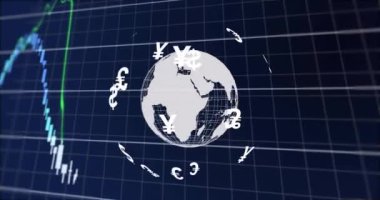 Küresel para birimi sembolleri dalgalanan finans piyasası grafiği üzerinde animasyon oluşturuyor. Maliye, yatırım, ticaret, küresel ekonomi, dalgalanma