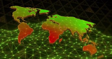 Dünya haritasında ağ bağlantıları ve veri işleme animasyonu. Teknoloji, küresel, iletişim, siber güvenlik, dijital