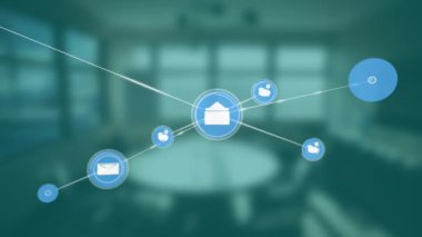 Bulanık ofis arkaplanı üzerinde e- posta ve kullanıcı simgeleri canlandırması ağı. İletişim, teknoloji, dijital, bağlantı, etkileşim, arayüz