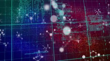 Şebeke arka planında DNA iplikleri ve bilimsel veri işleme animasyonu. Genetik, biyoteknoloji, bilim, araştırma, moleküller, kromozomlar