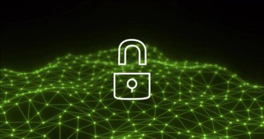 Asma kilit ve ağ bağlantıları, yeşil dijital şebeke üzerinde siber güvenlik animasyonu. şifreleme, koruma, teknoloji, veri, internet