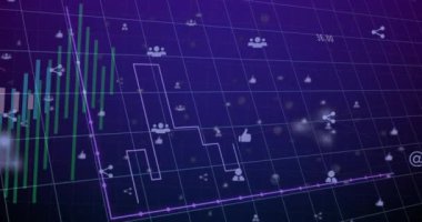 Borsa verileri ve sosyal medya simgeleri mor şebeke üzerinde animasyon. Finans, teknoloji, grafik, dijital, ağ
