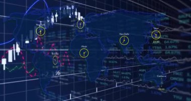 Küresel borsa verileri ve dünya saatleri dijital harita üzerinde animasyon. Finans, teknoloji, hisse senetleri, dünya haritası, zaman, uluslararası