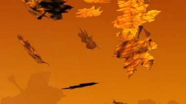 Sonbahar yaprakları, turuncu arka planda parlak güneş patlaması üzerine canlanıyor. mevsimsel