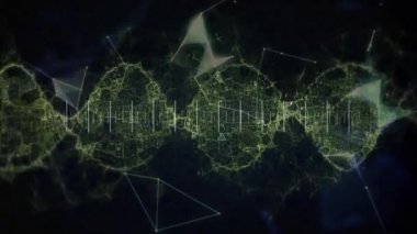 Soyut arkaplan üzerinden DNA ipliği ve veri işlemesi canlandırılıyor. Genetik, biyoteknoloji, yenilik, araştırma, biyoenformatik, bilim