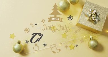 Hediye kutusu ve süslemeli Noel süslemeleri, Holly Neşeli Noel animasyonları. bayram, şenlik, kutlama, mutluluk, kış