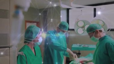 Ameliyat, ağ bağlantıları olan tıp uzmanları animasyon örtüsü. Sağlık, teknoloji, yenilik, doktorlar