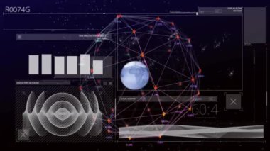 Dünya 'yı küresel ağ ve veri analizi ile döndürerek grafikleri ve grafikleri gösteriyor. Teknoloji, dijital, analitik, bağlantı, görselleştirme