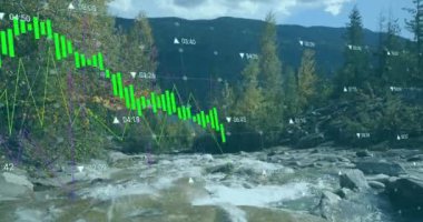 Dağ deresi ve orman manzarası üzerinde borsa veri animasyonu. Finans, teknoloji, doğa, yatırım, analitik