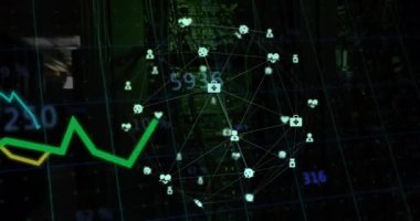 Şehir manzarası üzerinde yeşil çizgi grafiği ve tıbbi ikonlar ağ animasyonu. Sağlık, teknoloji, bağlantı, analitik, yenilik, kentsel