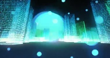 Parlayan binaları ve gece gökyüzünde canlanan yüzen daireleri olan dijital şehir manzarası. Kentsel, geleceksel, teknoloji, ufuk çizgisi, holografik, animasyon