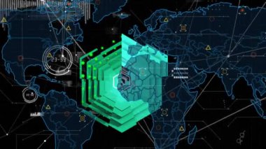 Karanlık şebeke arkaplanı üzerinden veri noktaları ve ağ bağlantıları ile dünya haritası canlandırılıyor. Küresel, teknoloji, bağlantı, görselleştirme, dijital, etkileşimli