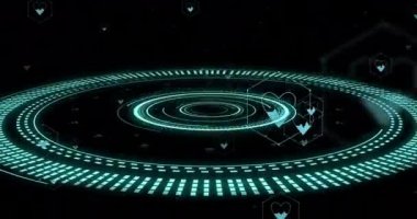 Kalp ikonlarıyla dönen dijital halkalar, gelecekteki sağlık izleme animasyonları. Teknoloji, yenilik, sağlık, sağlık, veri