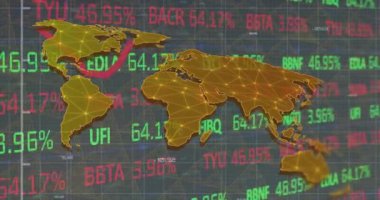 Dünya haritası üzerinde yüzdelik değişikliklerle borsa veri animasyonu. Maliye, küresel, ekonomi, analitik, yatırım, ticaret