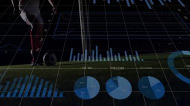 Futbolcu finansal veri grafikleriyle sahada topa vuruyor. spor, finans, analitik, yatırım, teknoloji, strateji