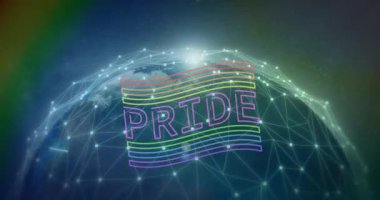 Dijital uzayda Dünya 'yı çevreleyen bağlantılar üzerinden gurur verici metin animasyonu. LGBTQ, çeşitlilik, kapsayıcılık, birlik, küresel, teknoloji