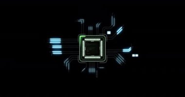 Yeşil devreli mikroçip ve siyah arkaplanda veri akışı animasyonu.