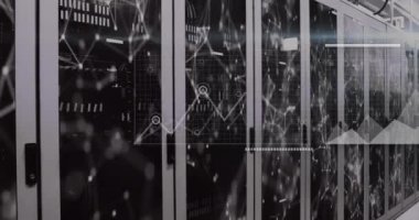 Veri analizi ve ağ bağlantıları veri merkezindeki sunucu rafları üzerinde animasyon. Teknoloji, veri analizi, ağ oluşturma, sunucular, dijital, altyapı kavramı
