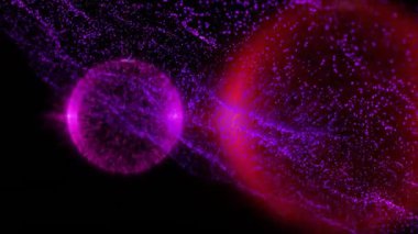 Renkli parçacıklar ve koyu arkaplanda parlayan küreler. Soyut, enerjik, fütürist, ışıltılı, enerji