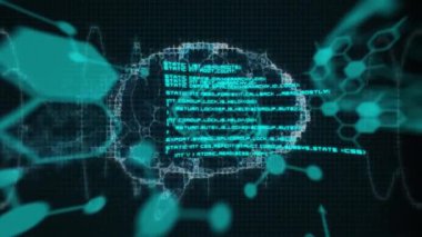 Mavi elementlerle dijital arayüz üzerinden beyin ve veri işleme animasyonu. Teknoloji, yenilik, yapay zeka, ağ, fütüristik, siber