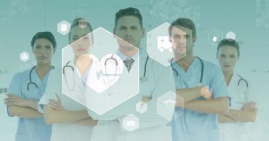 Kollarını kavuşturarak ayakta duran, sağlık hizmetleri ikonları animasyonu olan tıp uzmanları. Doktorlar, takım çalışması.