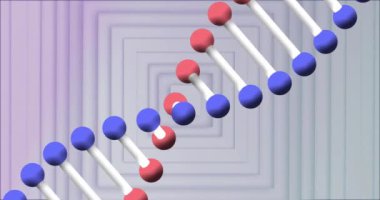 Geometrik kare kalıplar üzerinde DNA iplikçikleri canlandırılıyor. Bilim, biyoloji, genetik, teknoloji, animasyon, fütüristik