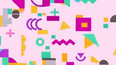 Açık pembe arkaplan üzerinde renkli geometrik şekiller animasyon. Soyut, dijital, canlı, modern, tasarım, desen