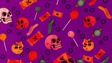 Kafatasları, şekerler ve balonlar mor arka plan üzerinde animasyon. Cadılar Bayramı, kutlama, ürkütücü, neşeli, süslemeler, parti