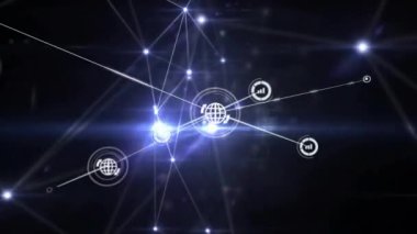 Veri işleme ve ağ bağlantıları koyu arkaplandaki parlayan düğümlerle animasyon. Teknoloji, dijital, bağlantı