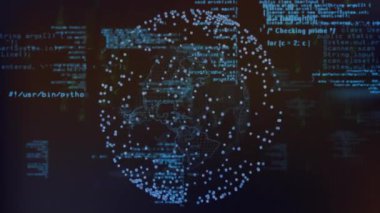 Birbirine bağlı noktalar küresi ve karanlık arka planda programlama kodu animasyonu. Teknoloji, ağ, dijital, kodlama, yazılım, siber