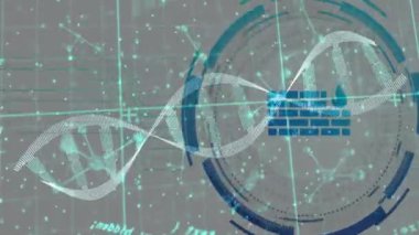 Şebeke arka planında DNA ipliği ve bilimsel veri işleme animasyonu. Bilim, biyoteknoloji, genetik, teknoloji, dijital, analiz