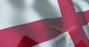 İngiltere bayrağının üzerinde uçan uçak arka planda seyahat ile ilgili öğelerle birlikte. Turizm, tatil, seyahat tutkusu.