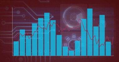 Dijital devre kartı arkaplanı üzerine çizgi ve çizgi grafik resmi. Veri, analitik, teknoloji, görselleştirme, bilgi grafikleri, elektronik