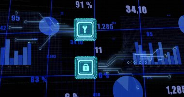 Veri işleme, asma kilit ve anahtar simgelerinin koyu arkaplan üzerindeki resmi. Küresel siber güvenlik, bağlantılar, hesaplama ve veri işleme kavramı dijital olarak oluşturuldu.