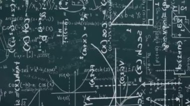 Karanlık zemin üzerinde matematiksel denklemler ve geometrik şekiller canlandırılıyor. Animasyon, matematik, geometri, dijital, tasarım, soyut