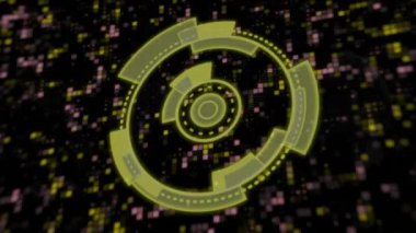 Dijital pikselli arka planda dönen dairesel arayüz animasyonu. Teknoloji, fütüristik, soyut, siber, modern