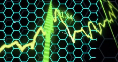 Finansal grafik ve veri analizi altıgen şebeke üzerinde animasyon. Finans, teknoloji, fütüristik, bilgi, ekonomi, dijital