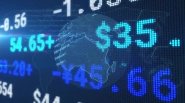 Finansal veriler ve dijital dünya ve rakamlar üzerinde borsa animasyonu. Finans, küresel, ekonomi, yatırım, teknoloji