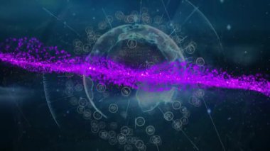 Dijital Dünya üzerinde mor parçacıklarla küresel veri ağı animasyonu. 
