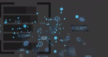 Çeşitli teknoloji simgeleri ve veri noktaları üzerinde dijital güvenlik kilidi animasyonu. Siber güvenlik, veri koruması, dijital kilit, şifreleme, sanal, ağ