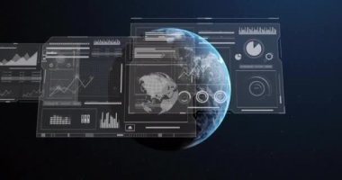 Dijital veri grafikleri ve grafikleri uzayda dönen Dünya 'nın üzerinde. Teknoloji, yenilik, küresel, analitik, fütüristik, görselleştirme