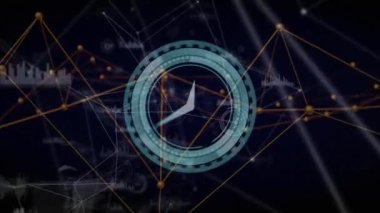 Koyu arkaplan üzerinde veri noktalarıyla saat ve ağ bağlantıları. Teknoloji, bağlantı, dijital, geleceksel, bilgi, siber