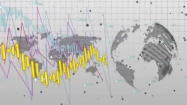 Dünya haritası ve şebeke arkaplanı üzerinde finansal veri grafikleri ve grafikleri canlandırması. 