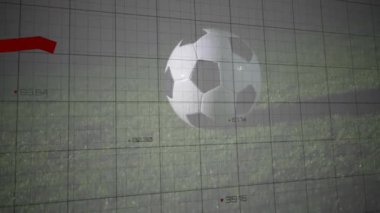 Futbol topuyla arka planda çim üzerinde grafik animasyonu azalıyor. İş, finans, spor, doğa, düşüş, kavram