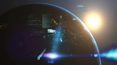Uzayın arka planında dijital kod ve veri işleme animasyonu olan bir dünya. Teknoloji, kodlama, fütürist, bilgi, ağ