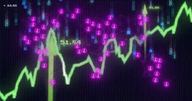 İkili kodlu borsa grafiği ve ağ bağlantıları animasyonu. Finans, teknoloji, veri, yatırım, dijital, kripto para birimi