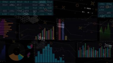Finansal veriler ve grafikler karanlık arka planda çizelgeler ve numaralarla canlandırılıyor. Finans, animasyon, veri görselleştirme, analitik, istatistik, fütüristik