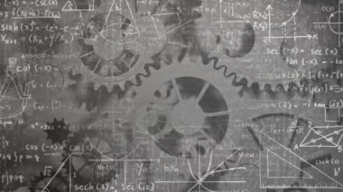 Teknik arka planda dönen dişliler ve matematiksel denklemler animasyonu. Teknoloji, mühendislik, mekanik, otomasyon, hesaplama, veri