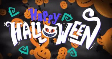 Mutlu Cadılar Bayramı metin animasyonlu uçan balkabakları ve yarasalar. Neşeli, ürkünç, kutlama