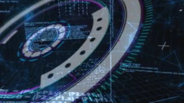 Dijital kod ve veri işleme animasyonu mekanik teçhizat arka planında. Teknoloji